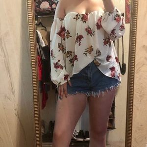 floral off-the-shoulder top with sleeves